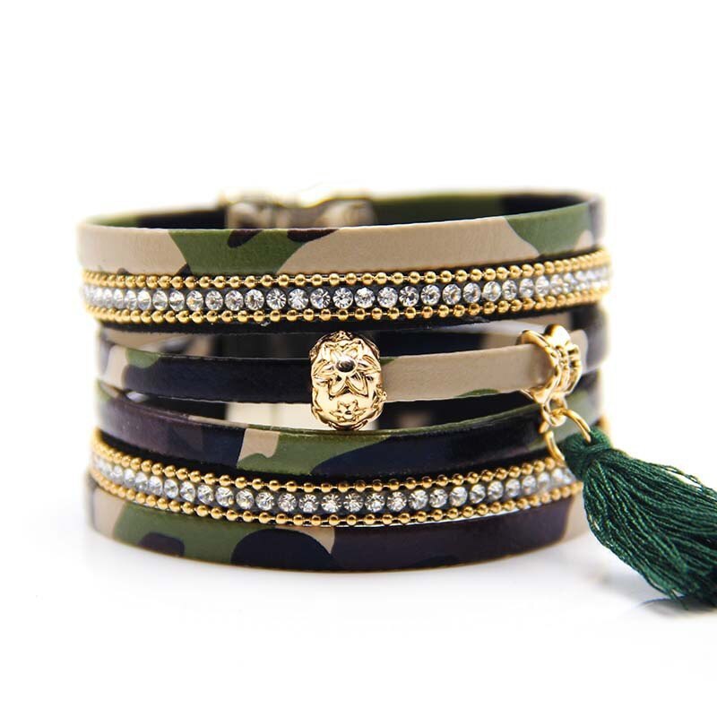 Hot Sale Brazil Bracelet Camouflage Green Leather Rope Alloy Magnetic Buckle Tassel Bracelet