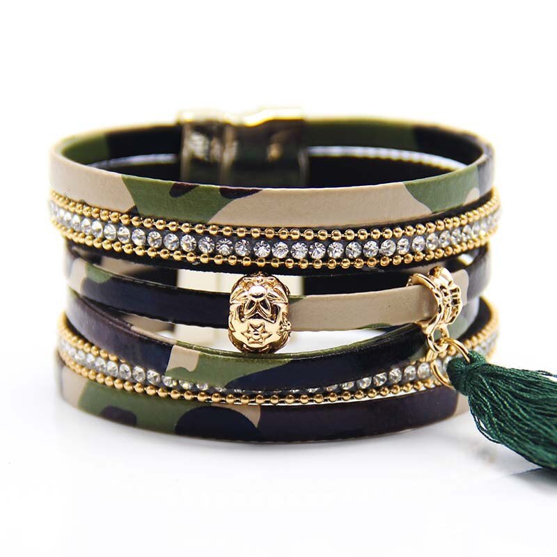 Hot Sale Brazil Bracelet Camouflage Green Leather Rope Alloy Magnetic Buckle Tassel Bracelet