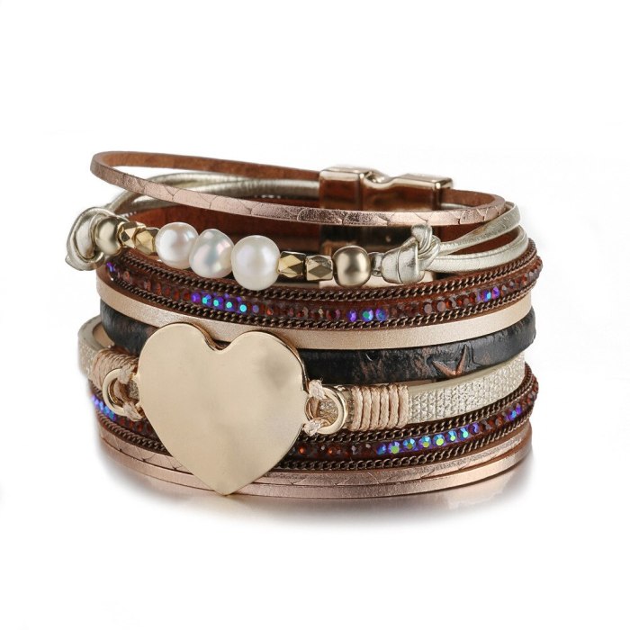 Cross-Border Hot Leather Bracelet European and American Heart Bracelet Women's Fashion Pearl Jewelry Alloy Bohemian Ornament