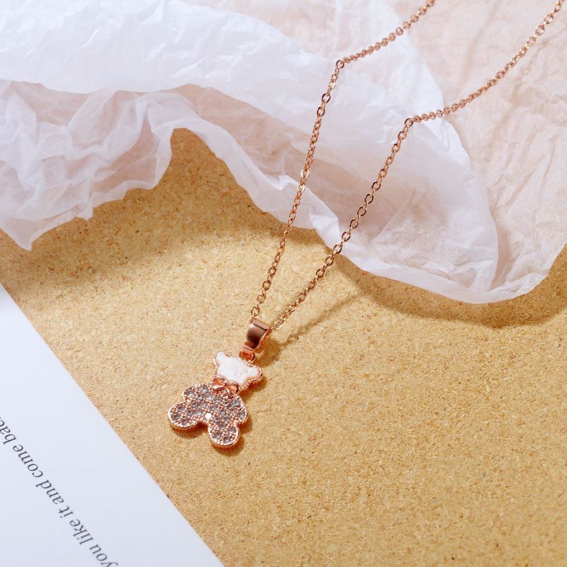 Japanese and Korean Mori Simple Zircon Teddy Bear Necklace Rose Gold Plated Necklace Bow Clavicle Chain Pendant Gb027