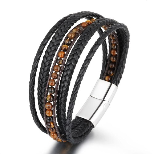 Cross-Border Hot Hand-Woven Leather Stainless Steel Natural Stone Bracelet Titanium Steel Men's Bracelet Jewelry