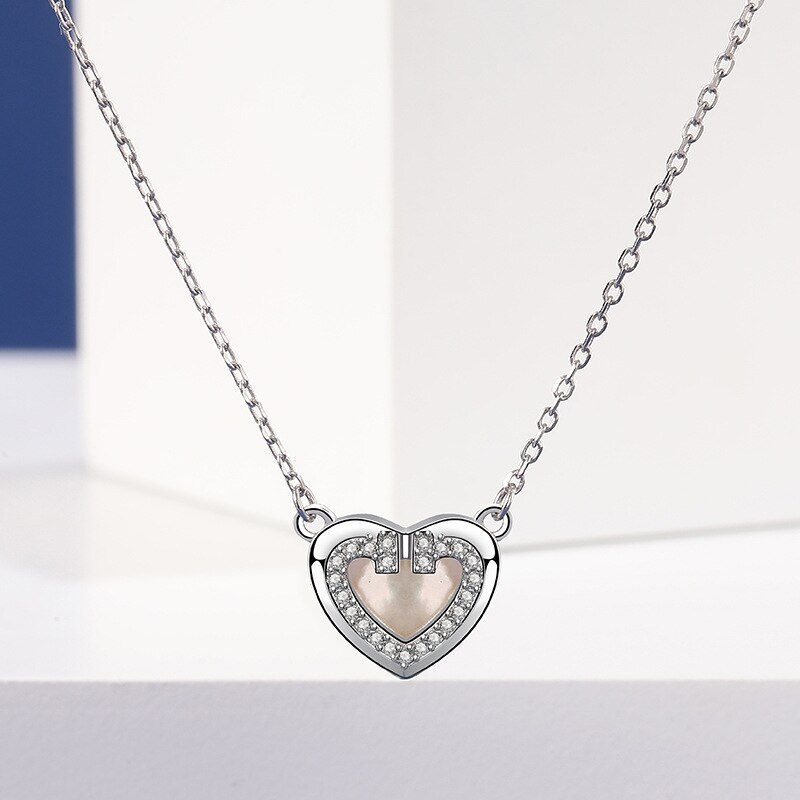 S925 Sterling Silver Loving Heart Necklace Women's Fashion Rhinestone Zircon Heart-Shaped White Shell Clavicle Chain A1905