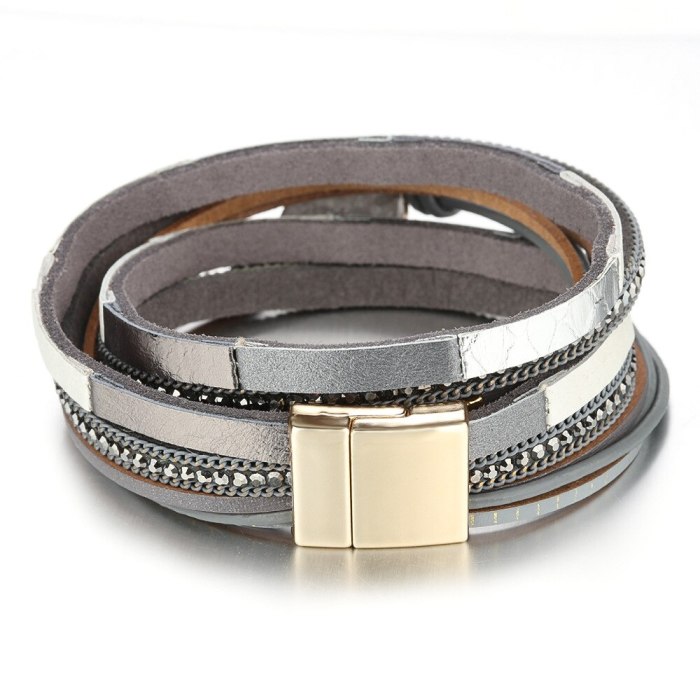 Europe and America Cross Border Popular Color Matching Oval Gravel Bracelet Women's Magnetic Buckle Multi-Layer Leather Bracelet