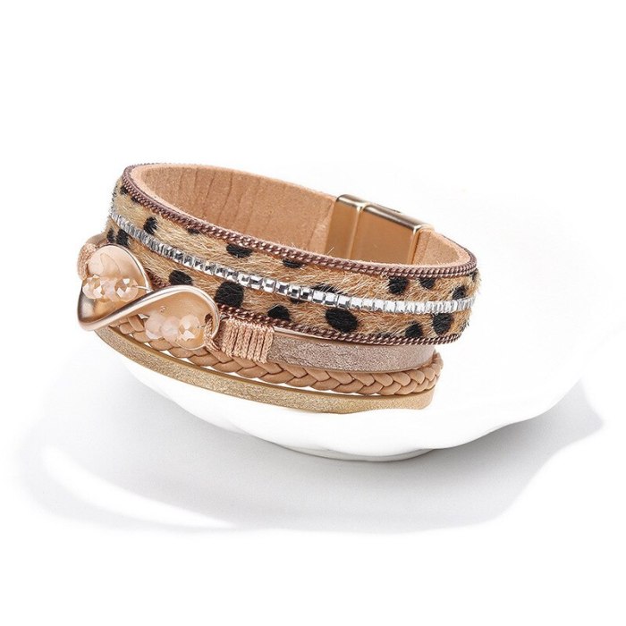 Popular Woven 8-Word Crystal String Beads Leopard Print Ethnic Leather Rope Women's Bracelet European and American Bracelet