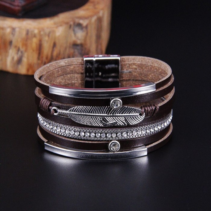 Bohemian Leather Multi-Layer Bracelet Ethnic Style Feather Pattern Wide-Brimmed Bracelet