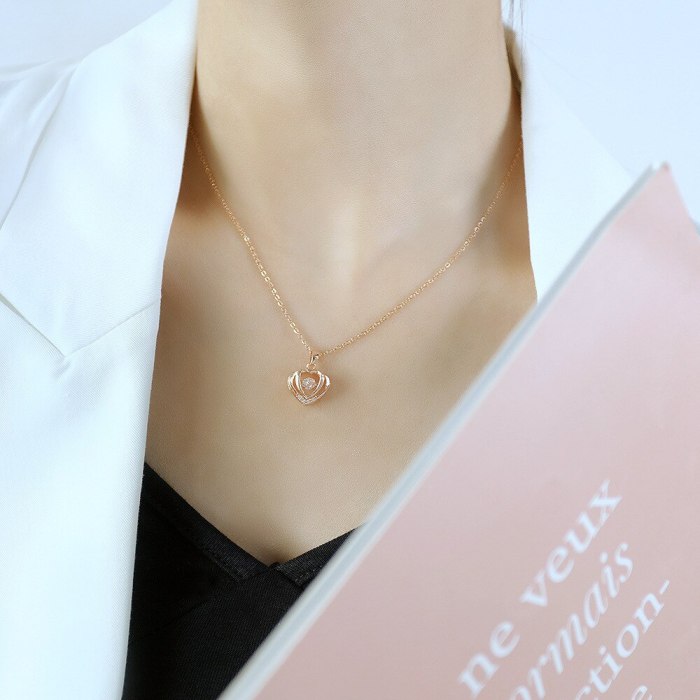 Korean Elegant Ocean Heart Necklace Diamond-Embedded Simple Clavicle Chain Pendant Heart-Shaped Necklace for Girlfriend Gb030