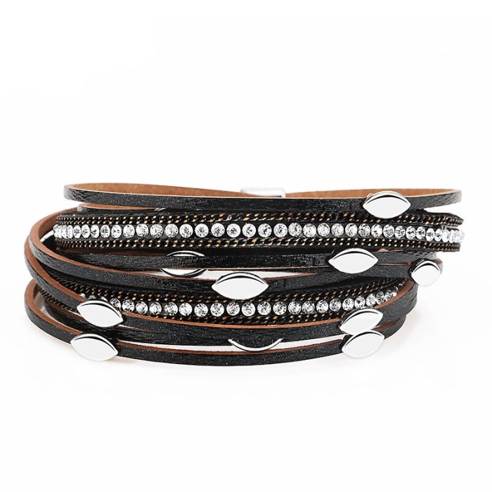 European and American Style Women's Leather Rhinestone-Encrusted Multi-Layer Tassel Bracelet Leaf Bracelet