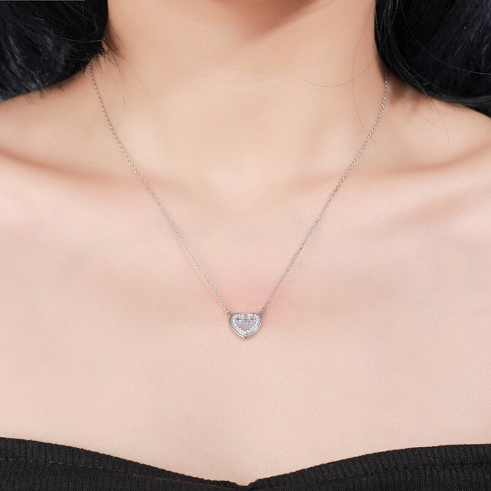 S925 Sterling Silver Loving Heart Necklace Women's Fashion Rhinestone Zircon Heart-Shaped White Shell Clavicle Chain A1905