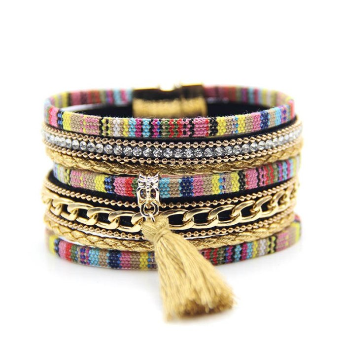 Ethnic Style Cotton String Tassel Bracelet Women's Fashion Multi-Layer Bohemian Magnetic Bracelet