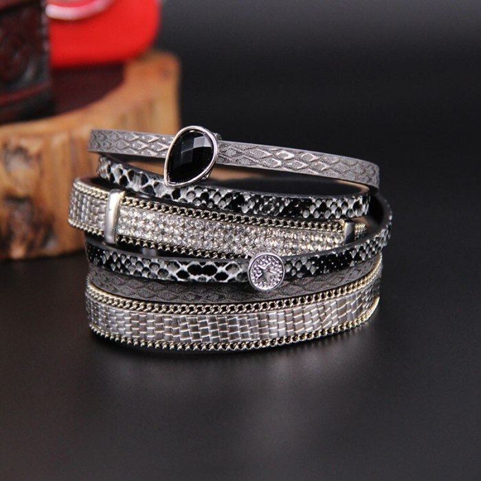 Hot Leather Cord Bracelet Women 'S Fashion Multi-Layer Alloy Crystal Rhinestone Magnetic Bracelet Bracelet Ornament