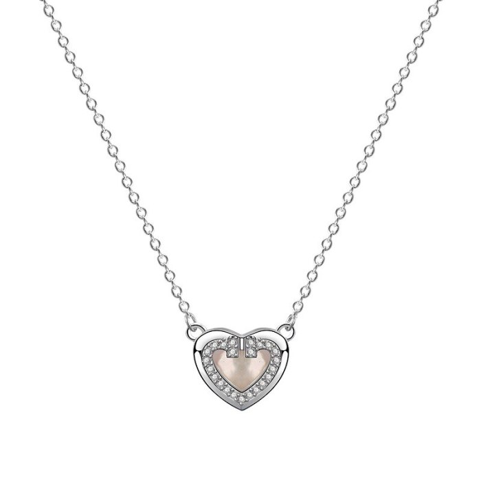 S925 Sterling Silver Loving Heart Necklace Women's Fashion Rhinestone Zircon Heart-Shaped White Shell Clavicle Chain A1905