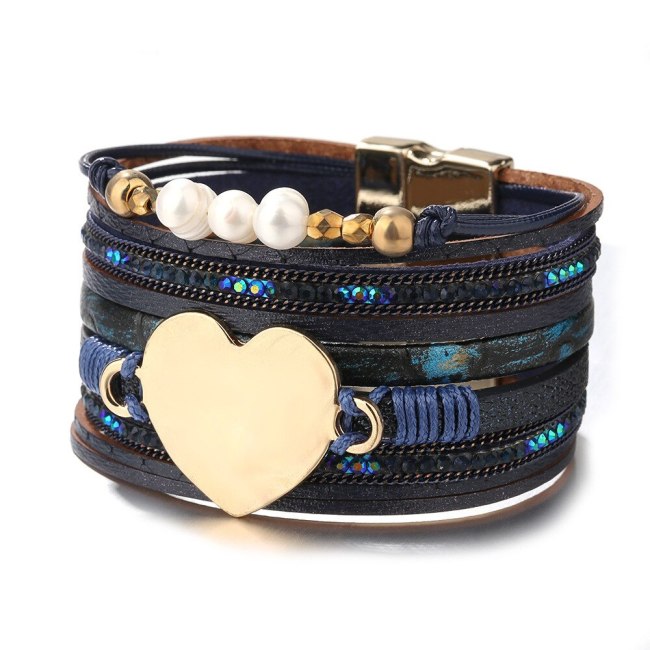 Cross-Border Hot Leather Bracelet European and American Heart Bracelet Women's Fashion Pearl Jewelry Alloy Bohemian Ornament