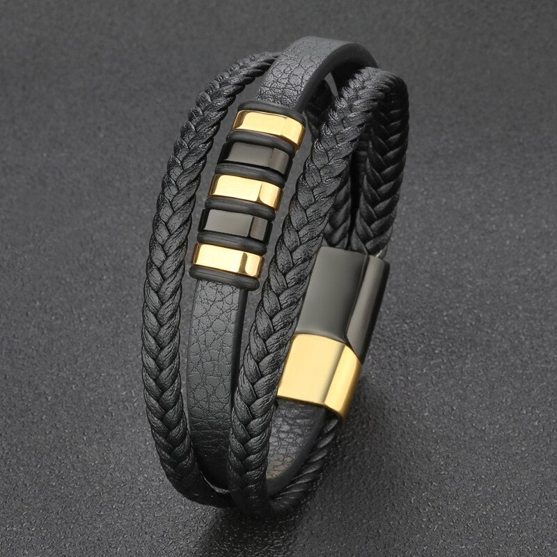 Popular Leather Cord Bracelet Stainless Steel Leather Braided Bracelets Genuine Leather Multilayer Jewelry Men's 4010