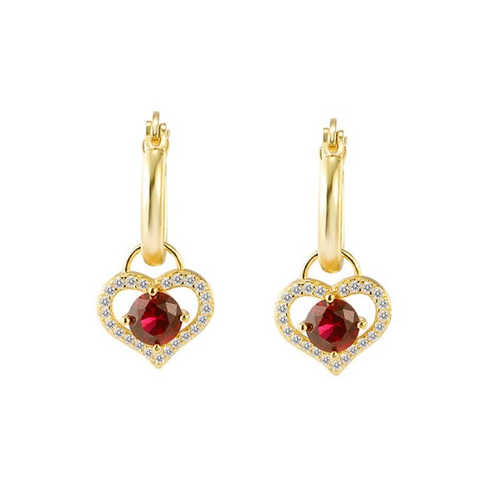 Love Heart Earrings Vintage Red Graceful Geometric Heart Shaped Stud Earrings S925 Sterling Silver Zircon Eardrop Jewelry E074E
