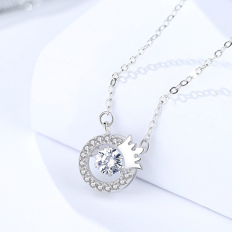 S925 Sterling Silver Jewelry Crown Pendant Necklace Female Online Influencer round Shaking Zircon Necklace A1263