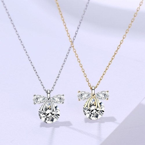 S925 Sterling Silver Ornament Women's Korean-Style Fresh Bow Necklace Classic Zircon Clavicle Chain A1665
