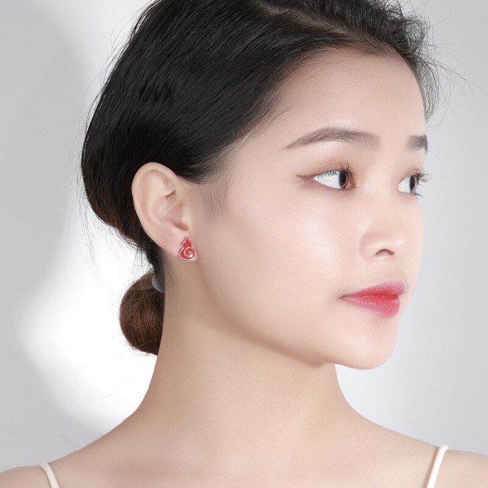 Gourd Stud Earrings for Women S925 Sterling Silver Red Epoxy Earrings Earrings Fashion Chinese Style Silver Accessories E105E