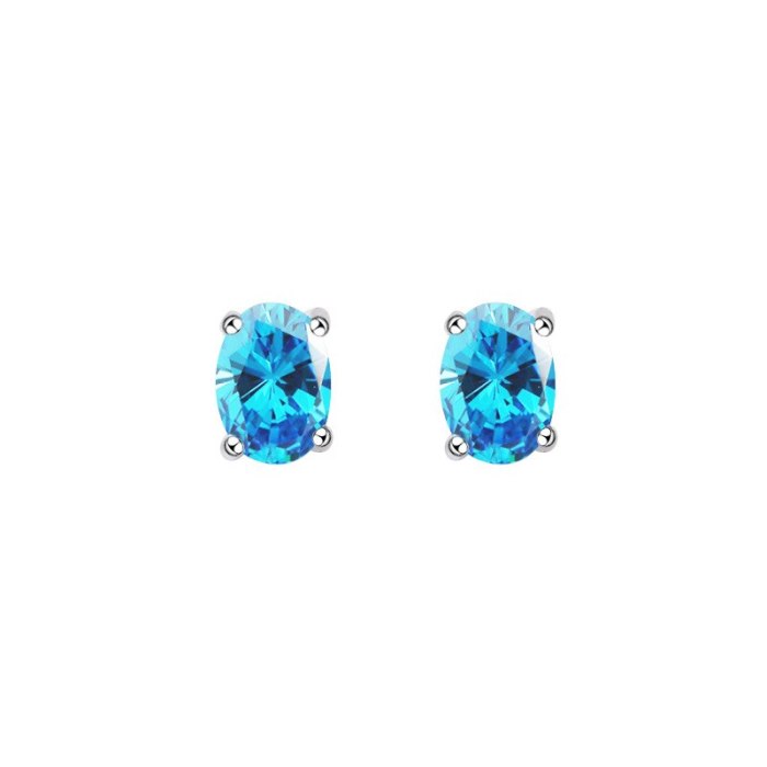 Blue Zircon Stud Earrings Oval Four-Claw Inlaid Creative Design Simple Fashion S925 Sterling Silver Girls Earrings E1207