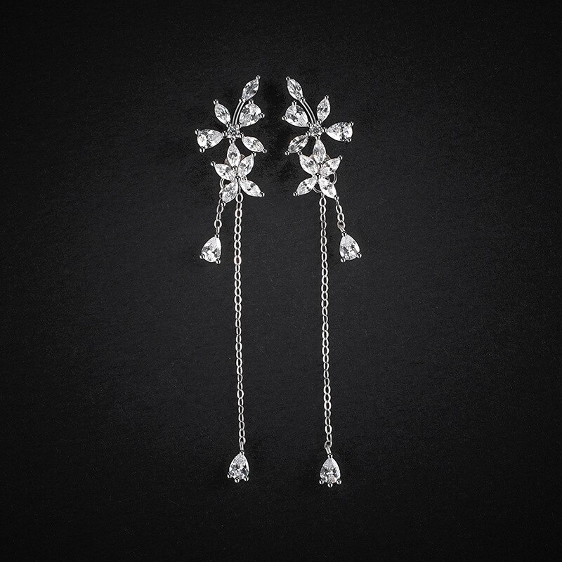 Flower Stud Earrings Tassel Long 925 Sterling Silver Korean Fashion Sweet Elegance Micro Inlaid Zircon Earrings E182E