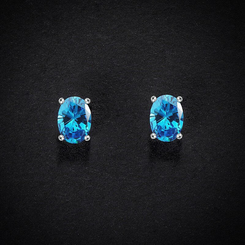 Blue Zircon Stud Earrings Oval Four-Claw Inlaid Creative Design Simple Fashion S925 Sterling Silver Girls Earrings E1207