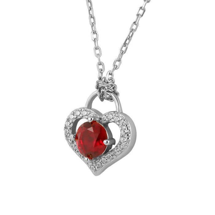 Heart Lock Necklace 925 Loving Heart in Sterling Silver Key Pendant Women's Red Zircon Clavicle Chain A601A