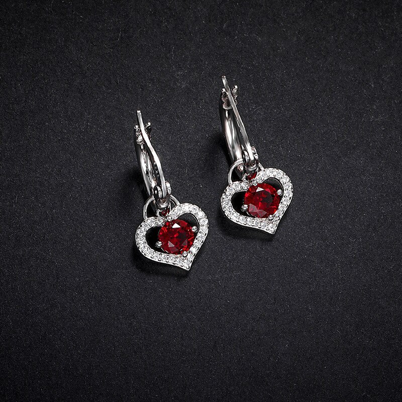 Love Heart Earrings Vintage Red Graceful Geometric Heart Shaped Stud Earrings S925 Sterling Silver Zircon Eardrop Jewelry E074E