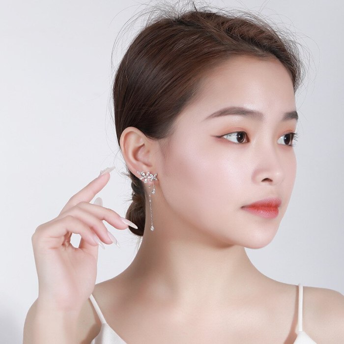 Flower Stud Earrings Tassel Long 925 Sterling Silver Korean Fashion Sweet Elegance Micro Inlaid Zircon Earrings E182E