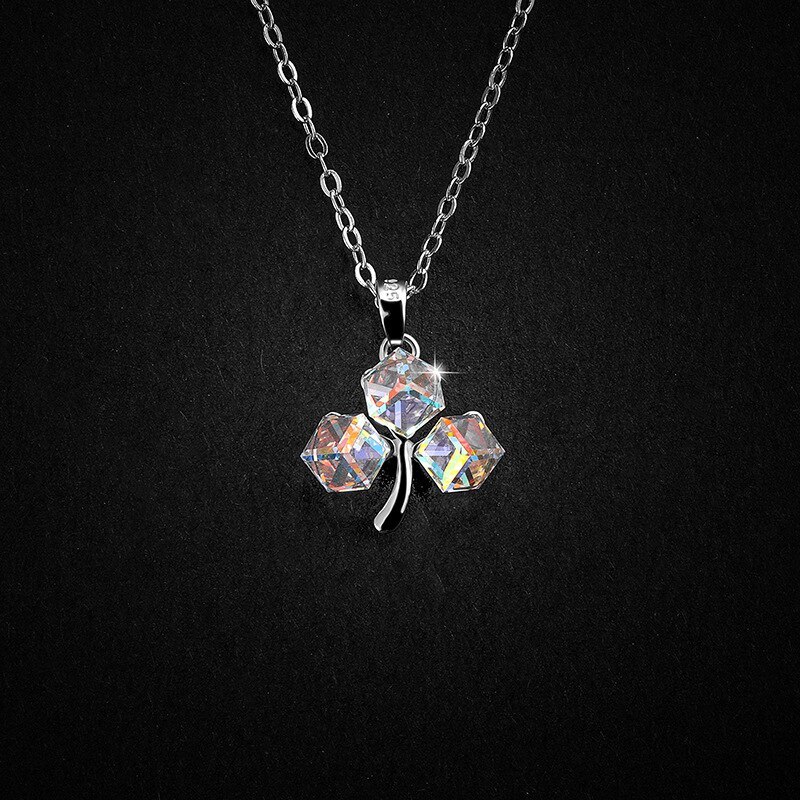 S925 Sterling Silver Necklace Flower-Shaped Square Sugar Color Three-Dimensional Square Crystal Single Pendant A1242