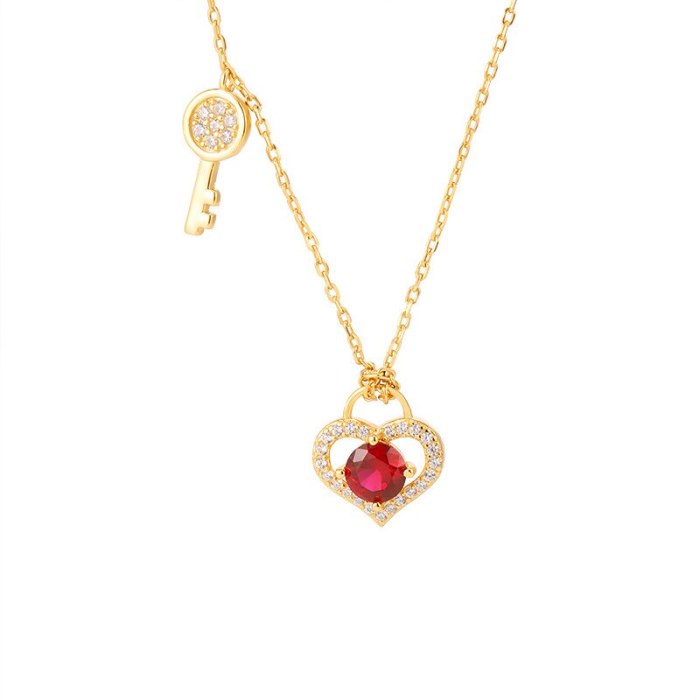 Heart Lock Necklace 925 Loving Heart in Sterling Silver Key Pendant Women's Red Zircon Clavicle Chain A601A