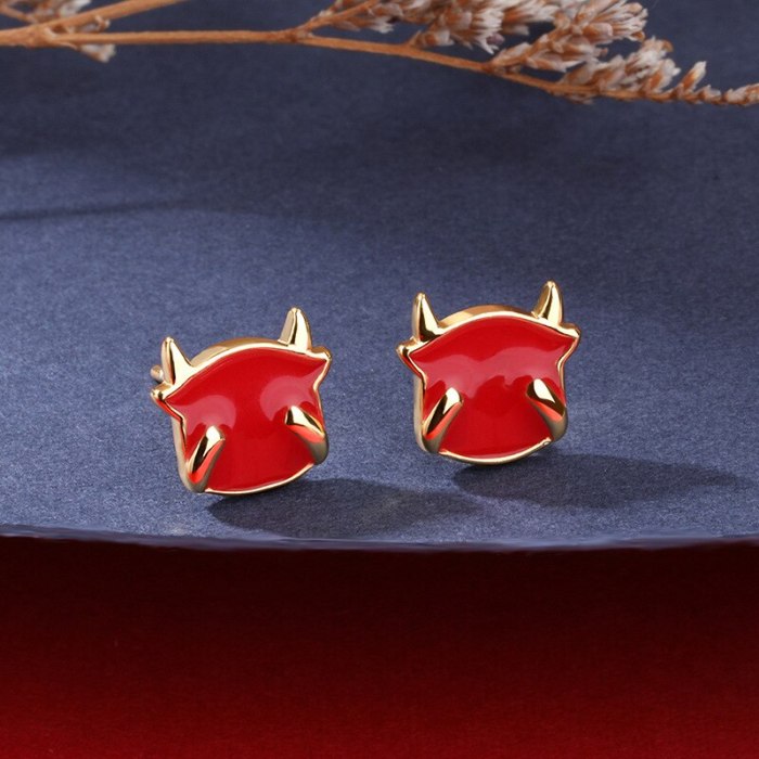 Year of Ox Stud Earrings Chinese Style Red New Style Cute Fashion Trendy S925 Sterling Silver Zodiac Year Earrings E2287