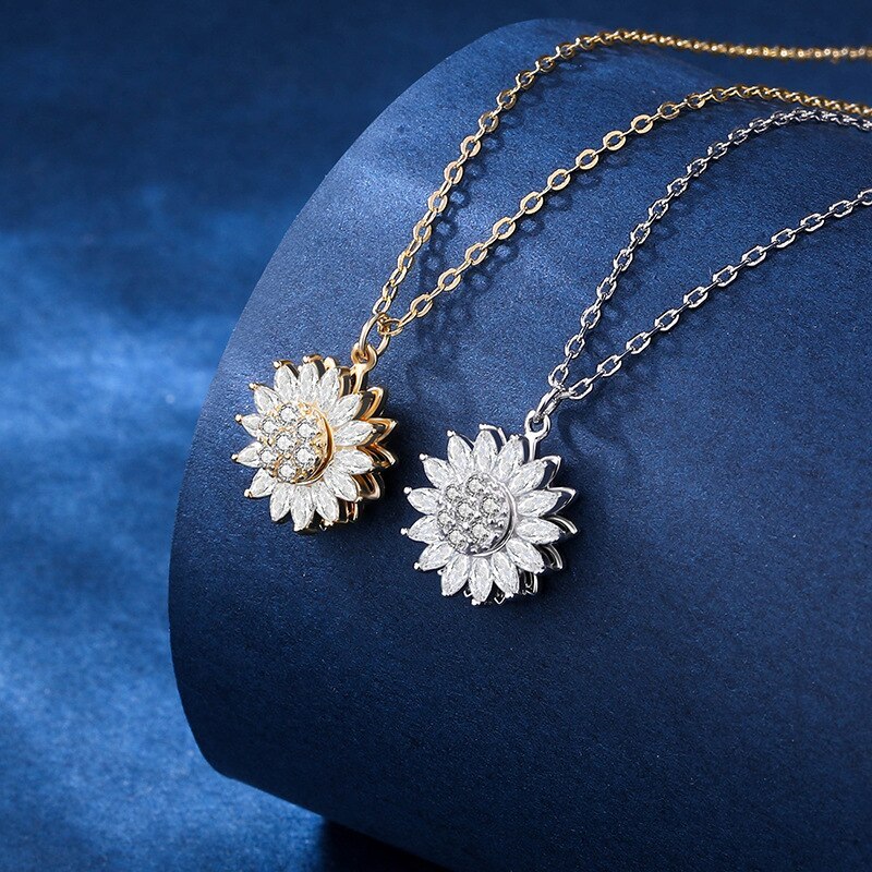 Platinum Gold SUNFLOWER Clavicle Chain Pendant Vacation Style Rotatable Sunflower New Necklace A865A