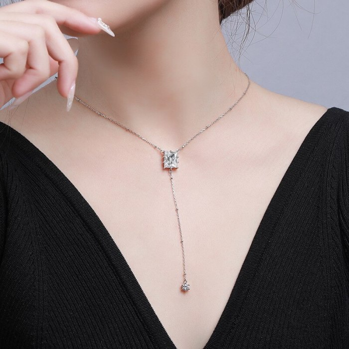 925 Sterling Silver Necklace Simple Fashion Micro Inlaid Zircon Square Tassel Long Pendant Sexy Clavicle Chain A302a