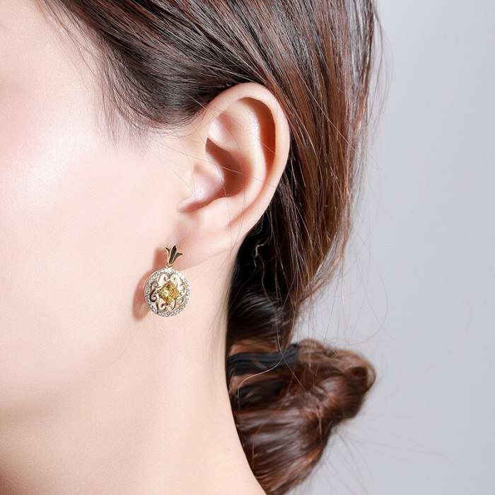 New round Zircon Hollow Gold Flower Stud Earrings Simple Chinese Style Elegant S925 Sterling Silver Earrings E157E_