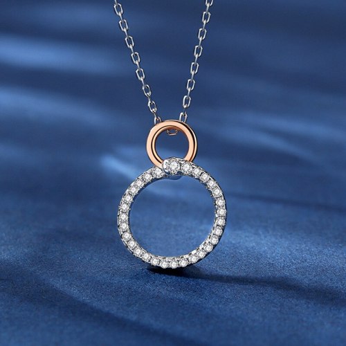 Damila 925 Sterling Silver Geometric Circle Diamond-Studded Necklace Ring Buckle Clavicle Chain Double Ring Necklace A129A