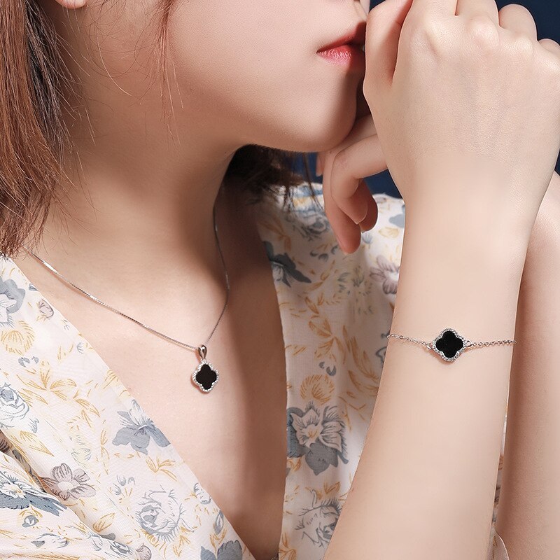 S925 Sterling Silver Clover Necklace Pendant Set Female Internet Celebrity Korean Style Shell Clavicle Chain Pendant L177/A186