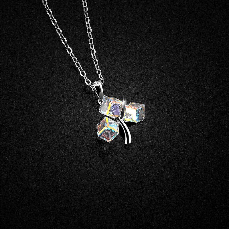 S925 Sterling Silver Necklace Flower-Shaped Square Sugar Color Three-Dimensional Square Crystal Single Pendant A1242