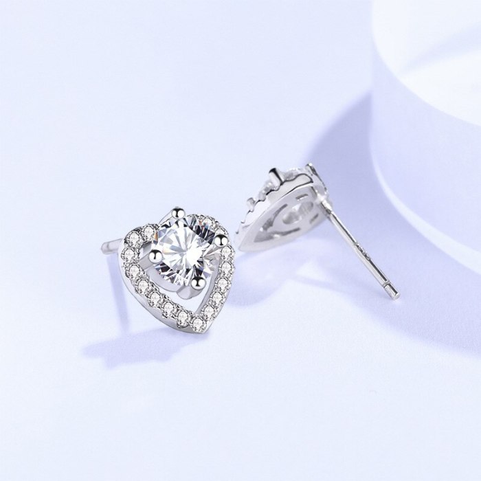 Earrings 925 Sterling Silver Ins Style Korean Style Earrings Female Zircon Heart-Shaped Hollow Ornament E109