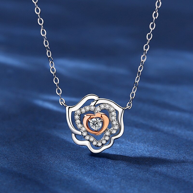 Korean Ornament S925 Sterling Silver Necklace Hollow Rose Zircon Pendant Clavicle Chain A760A