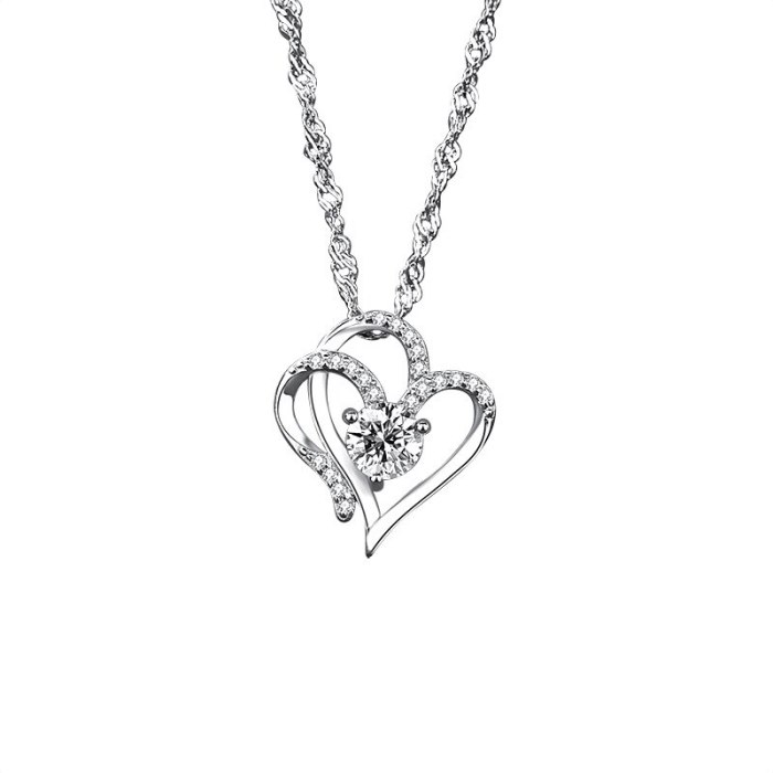 Popular Accessories New S925 Sterling Silver Geometric Double Heart Inlaid Stone Necklace Female Zircon Pendant D21062403