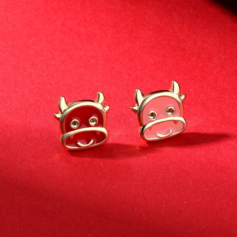 Year of the Ox Ear Studs 925 Sterling Silver New Style Court Red Zodiac Small Cute Cow Earrings E2267