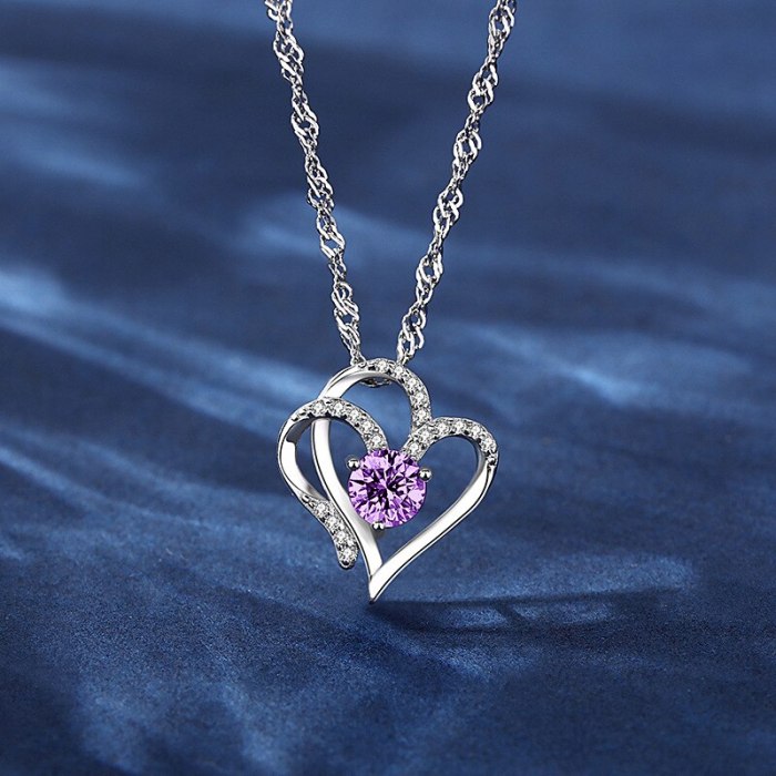 Popular Accessories New S925 Sterling Silver Geometric Double Heart Inlaid Stone Necklace Female Zircon Pendant D21062403