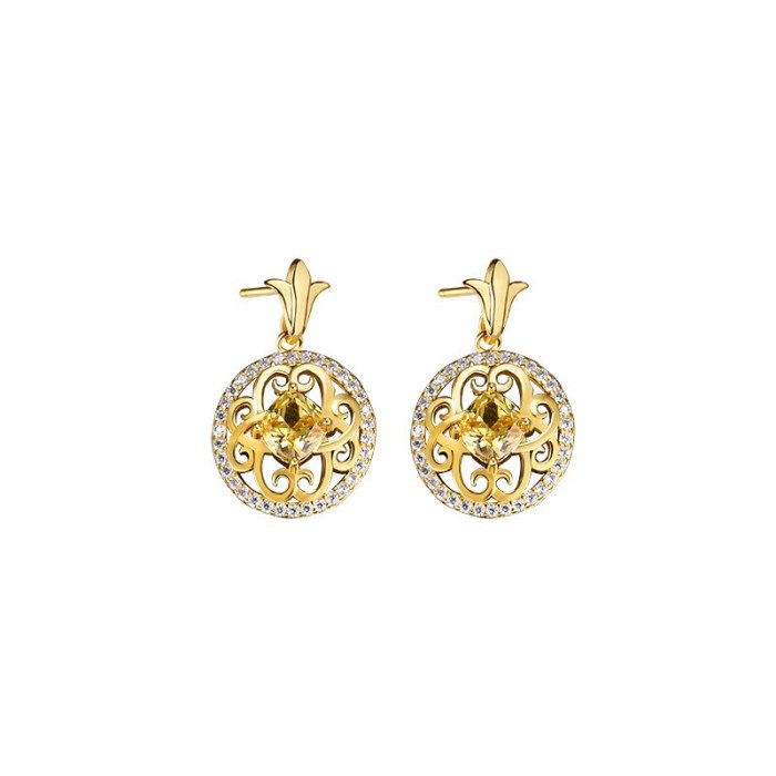 New round Zircon Hollow Gold Flower Stud Earrings Simple Chinese Style Elegant S925 Sterling Silver Earrings E157E_