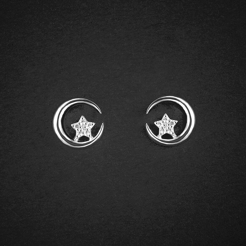 Star and Moon Ear Studs 925 Sterling Silver Simple Personality Fashion Micro Inlaid Zircon C- Shaped Pentagram Earrings E170E