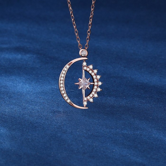 925 Sterling Silver Sun Moon Star Necklace Female Creative Geometric Pendant Light Luxury Clavicle Chain D21052906