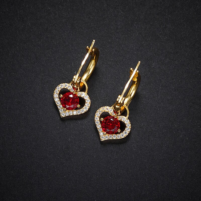 Love Heart Earrings Vintage Red Graceful Geometric Heart Shaped Stud Earrings S925 Sterling Silver Zircon Eardrop Jewelry E074E