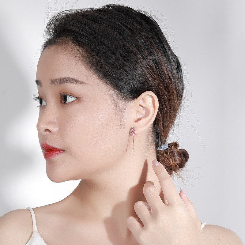 Asymmetric Tassel Stud Earrings Creative S925 Sterling Silver Red Firecrackers Long Earrings Chinese Style Earrings E1024E