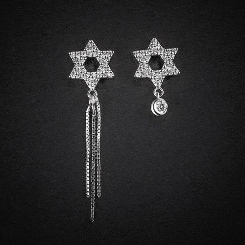 Hexagram Stud Earrings Women's 925 Sterling Silve Elegant and Personalized Zircon Long Asymmetric Tassel Earrings YE0033