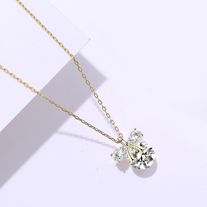 S925 Sterling Silver Ornament Women's Korean-Style Fresh Bow Necklace Classic Zircon Clavicle Chain A1665