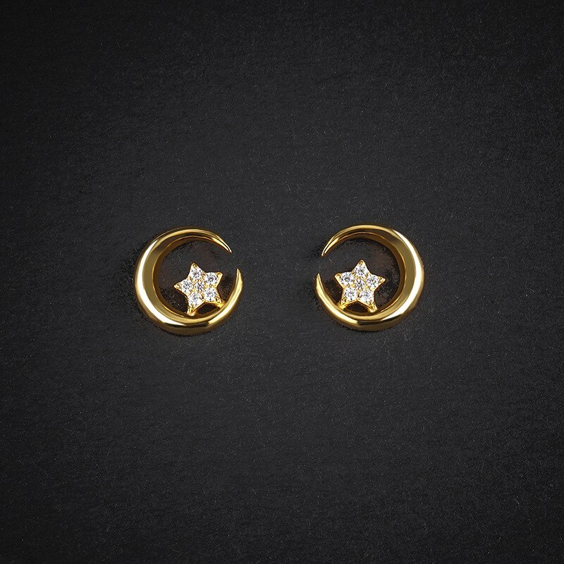 Star and Moon Ear Studs 925 Sterling Silver Simple Personality Fashion Micro Inlaid Zircon C- Shaped Pentagram Earrings E170E