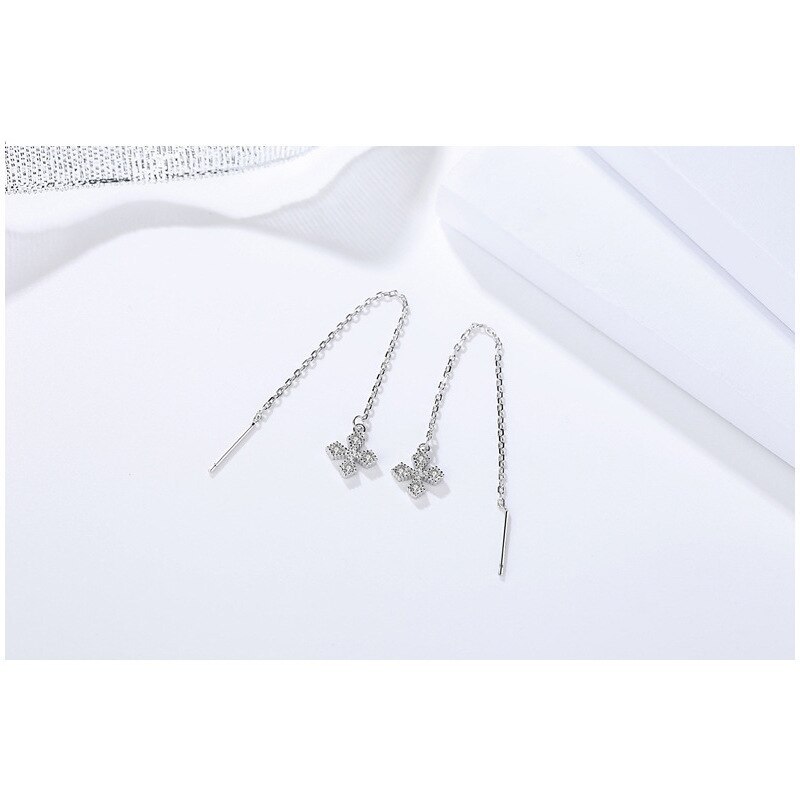 925 Sterling Silver Earrings Women's Korean-Style Simple Long Zircon Clover Flower Hanging Earrings
